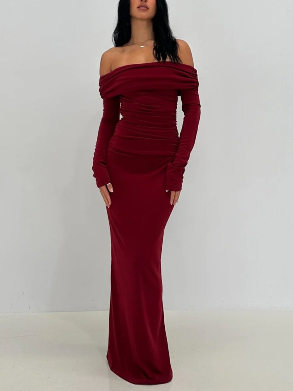 NEW BENNI Lorena Maxi Dress - Wine Red Off the Shoulder Cocktail AU8/US4